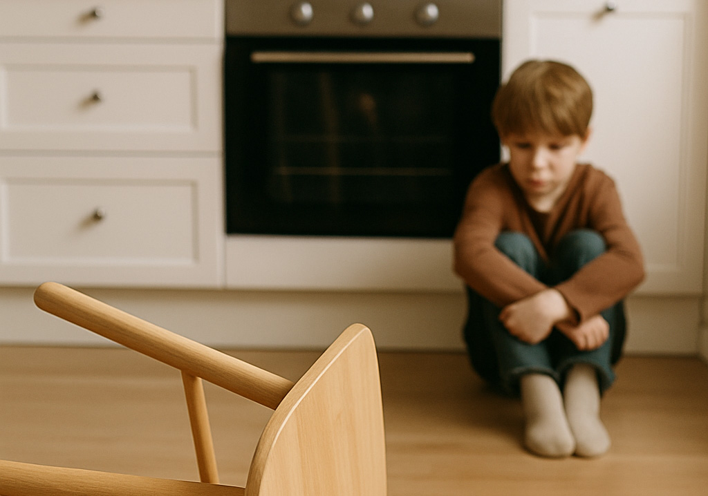 Akute Problemsituationen Trauriges Kind sitzt auf dem Boden, im Vordergrund ein umgeworferner Stuhl