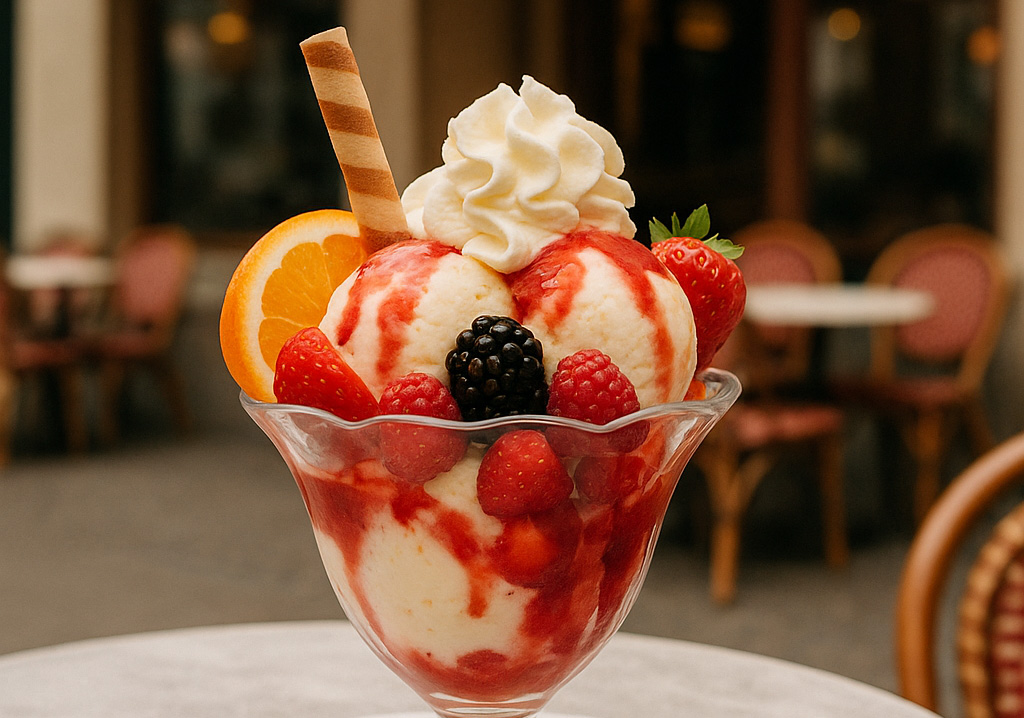 vor der Eisdiele Eisbecher mit Kugeln Eis
